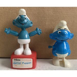 Vintage 1980 Peyo 3" Wind Up Smurf Toy & Helm Smurf Puppet Figures